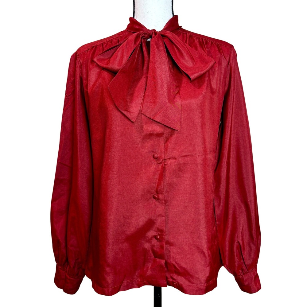 SilkHana by Lady Manhattan Bow Tie Blouse‎ Long Sleeve Button Front Red XL 70s